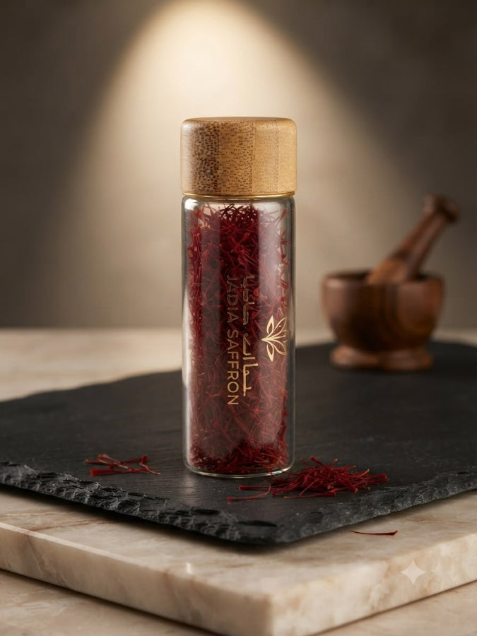 A clear glass bottle filled with deep red saffron threads, topped with a light natural wood lid, standing on a dark slate tray. The bottle has gold vertical text reading 'INDIA SAFFRON'.